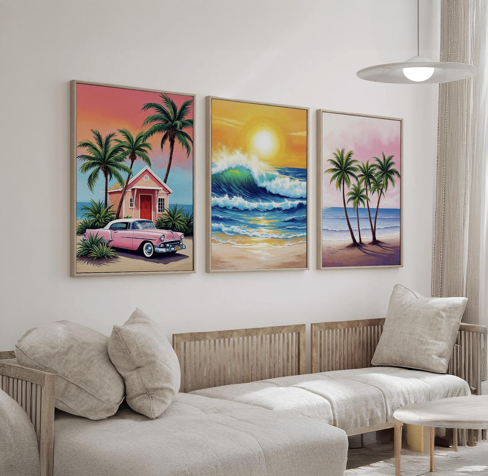 Retro Beach Wall Art Triptych | Tropical Palm Tree Sunset Canvas ...