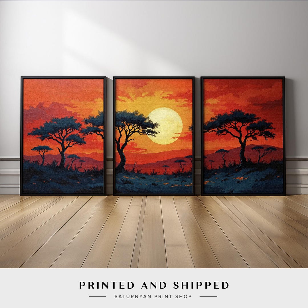 Sunset Wall Art Triptych | African Savanna Landscape Canvas Prints ...
