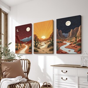 Desert Landscape Wall Art Set of 3 | Cactus Canyon With Sun and Moon ...