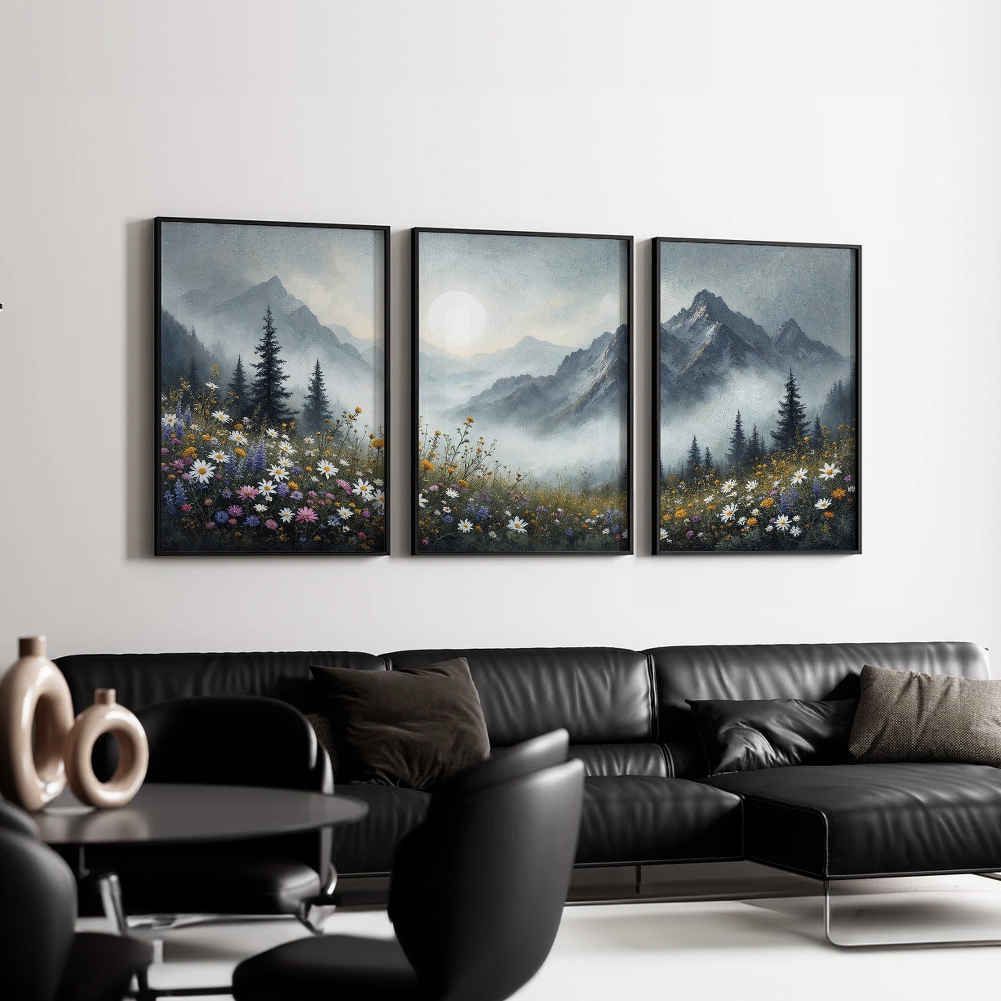 Mountain Landscape Wall Art Set of 3 | Misty Mountains and Wildflower ...