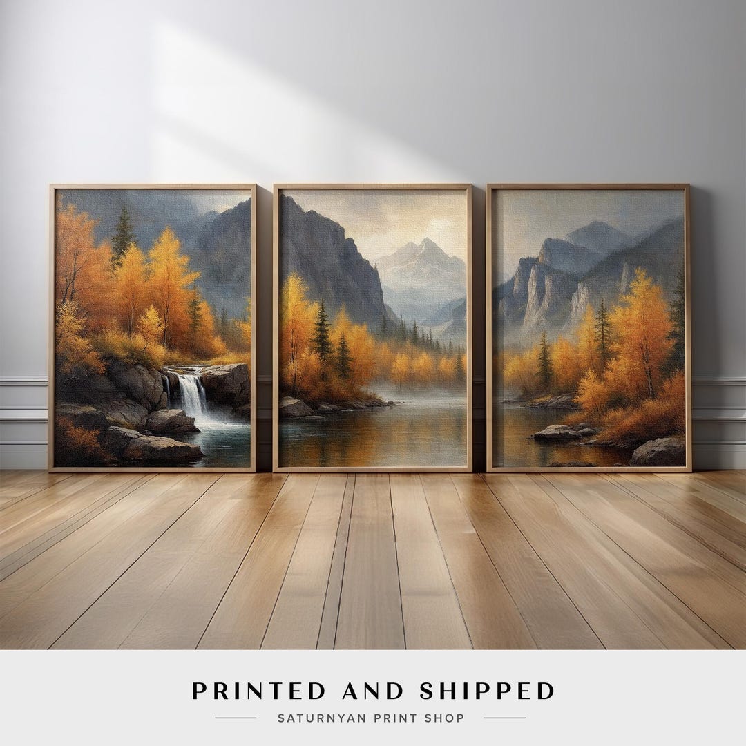 Scenic Landscape Wall Art Set of 3 | Autumn Mountain River and ...
