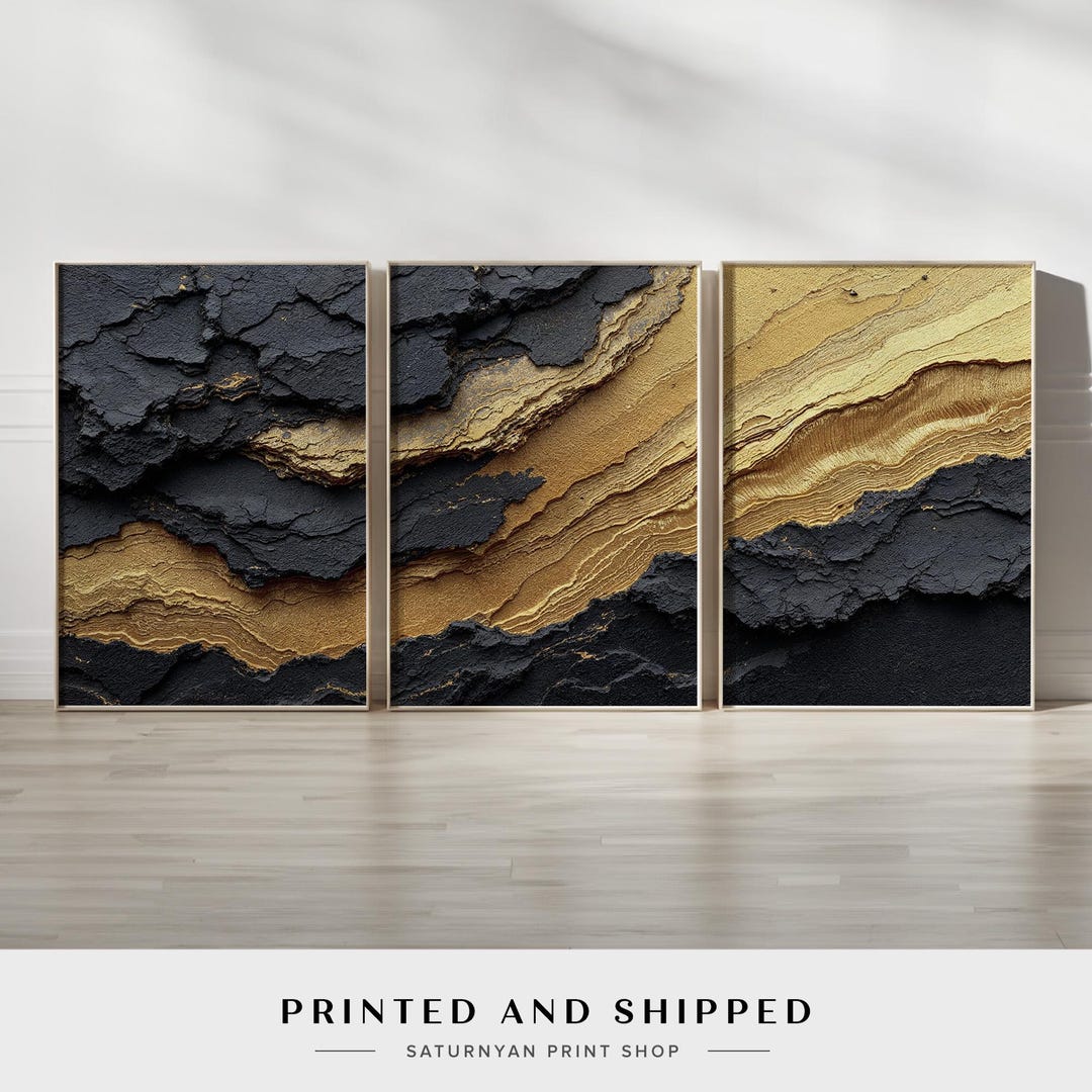 Modern Black and Gold Abstract Wall Art | Set of 3 for Rock Formation ...