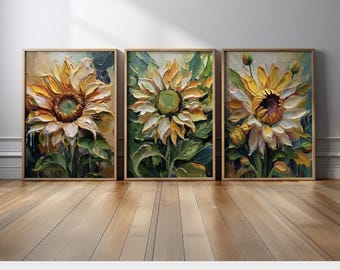 Bright Sunflower Art Set of 3 | Cheerful Yellow Floral Paintings Canvas Print | Rustic Farmhouse Living Room | Floral Art for Cozy Kitchen