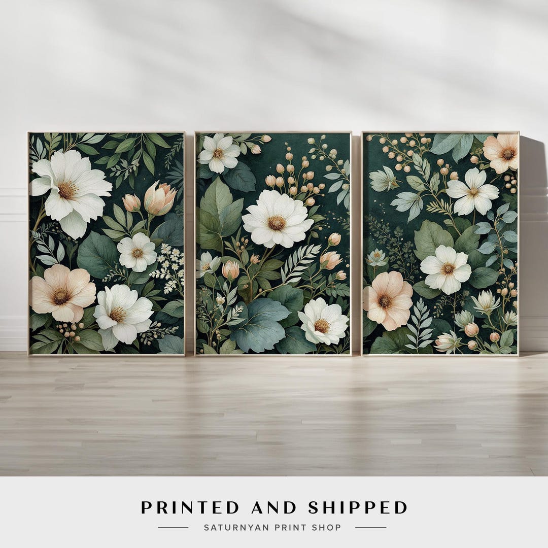 Dark Green Floral Wall Art | Set of 3 Elegant Vintage Botanical Wall ...