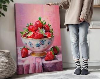 Rosa Erdbeere in der Schüssel Malerei, Erdbeere Kunstwerk, Abstrakte Erdbeere Kunstdruck, Obst-Liebhaber Geschenke, Essen Wandkunst, Poster