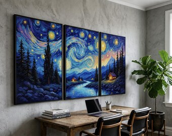 May include: A triptych wall art set featuring a swirling night sky with bright yellow stars, deep blue tones, and silhouettes of pine trees, mountains, and small cabins along a river, all framed in thin black borders on a textured gray wall.
