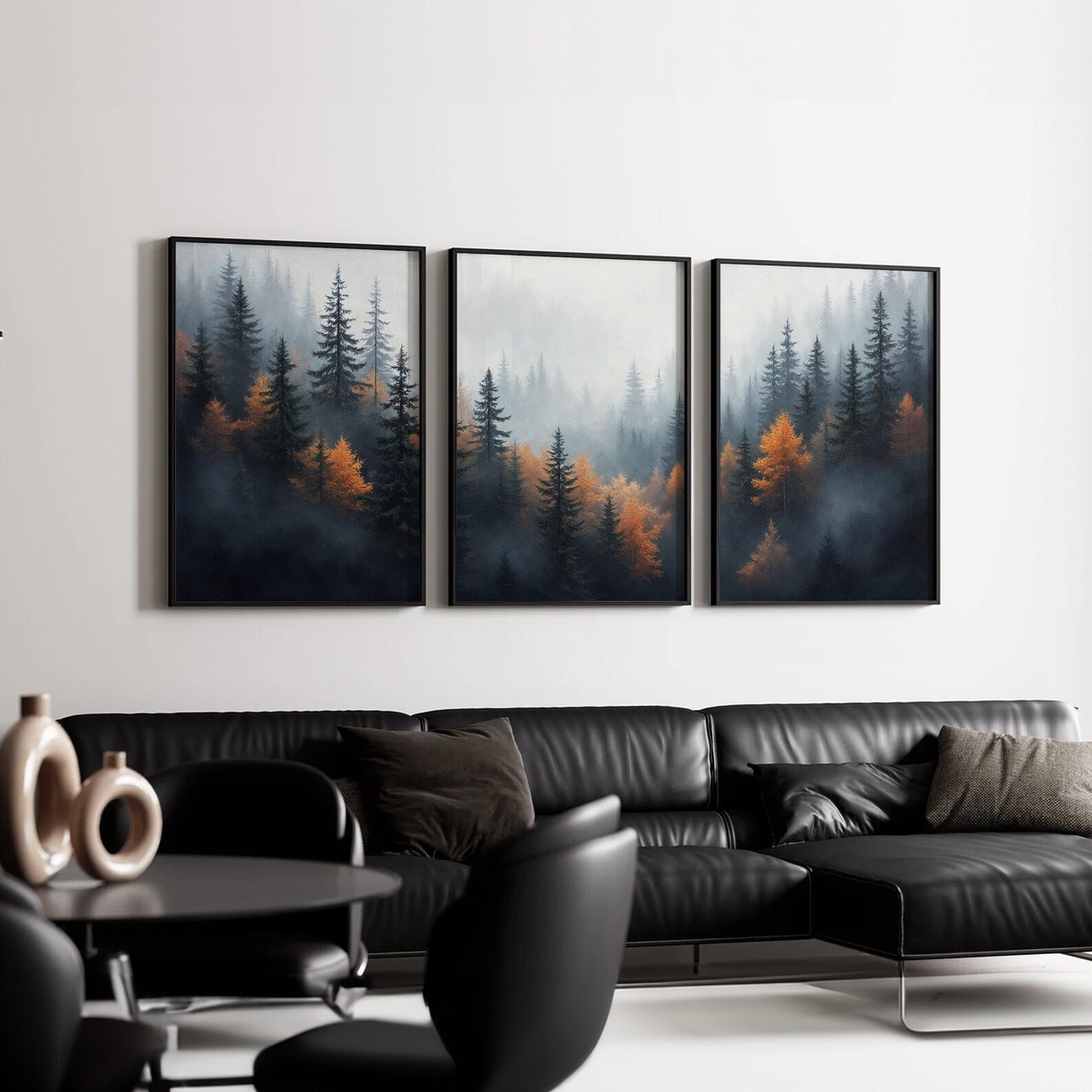 Foggy Forest Wall Art Triptych | Black and Orange Pine Tree Landscape ...