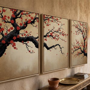 Japanese Cherry Blossom Wall Art, Sakura Tree Triptych, Asian Ink Painting, Zen Home Decor, Floral Canvas Print, Oriental Minimalist Art image 20