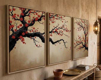 Japanese Cherry Blossom Wall Art, Sakura Tree Triptych, Asian Ink