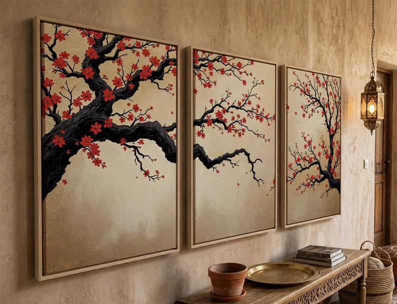 Japanese Cherry Blossom Wall Art, Sakura Tree Triptych, Asian Ink Painting, Zen Home Decor, Floral Canvas Print, Oriental Minimalist Art image 20