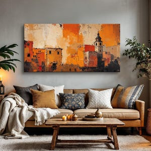 Rustic Urban Cityscape Wall Art - Large Canvas Painting with Warm Tones of Orange, Beige, and Red - Modern City Architecture Decor