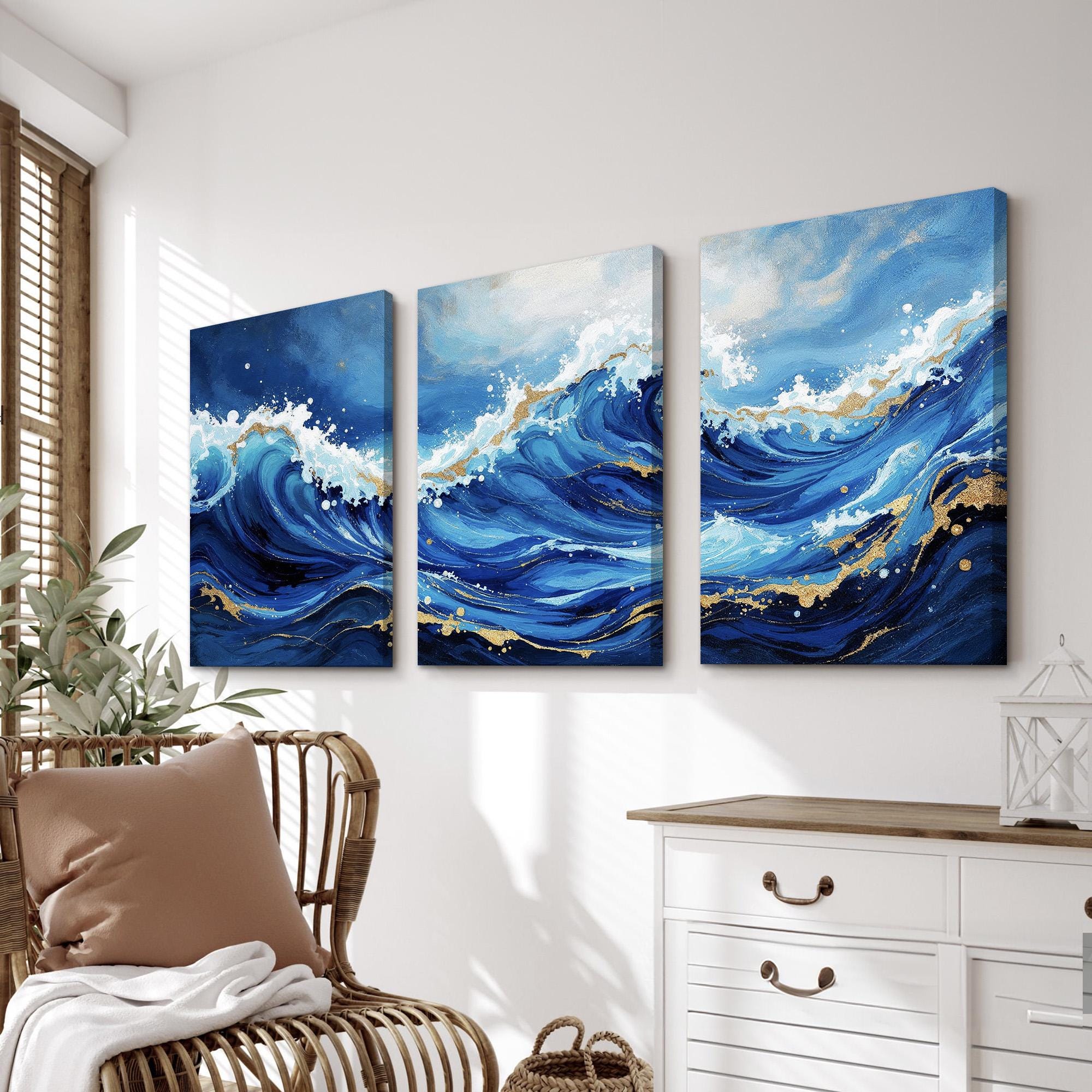 Blue Ocean Wall Art Triptych | Bold Abstract Wave Canvas Prints With ...