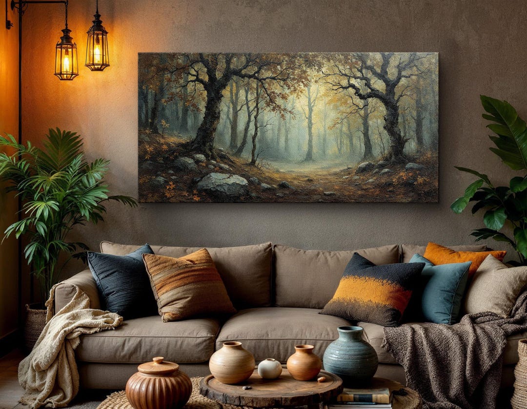 Rustic Forest Wall Art - Misty Woodland Canvas Print With Trees and ...