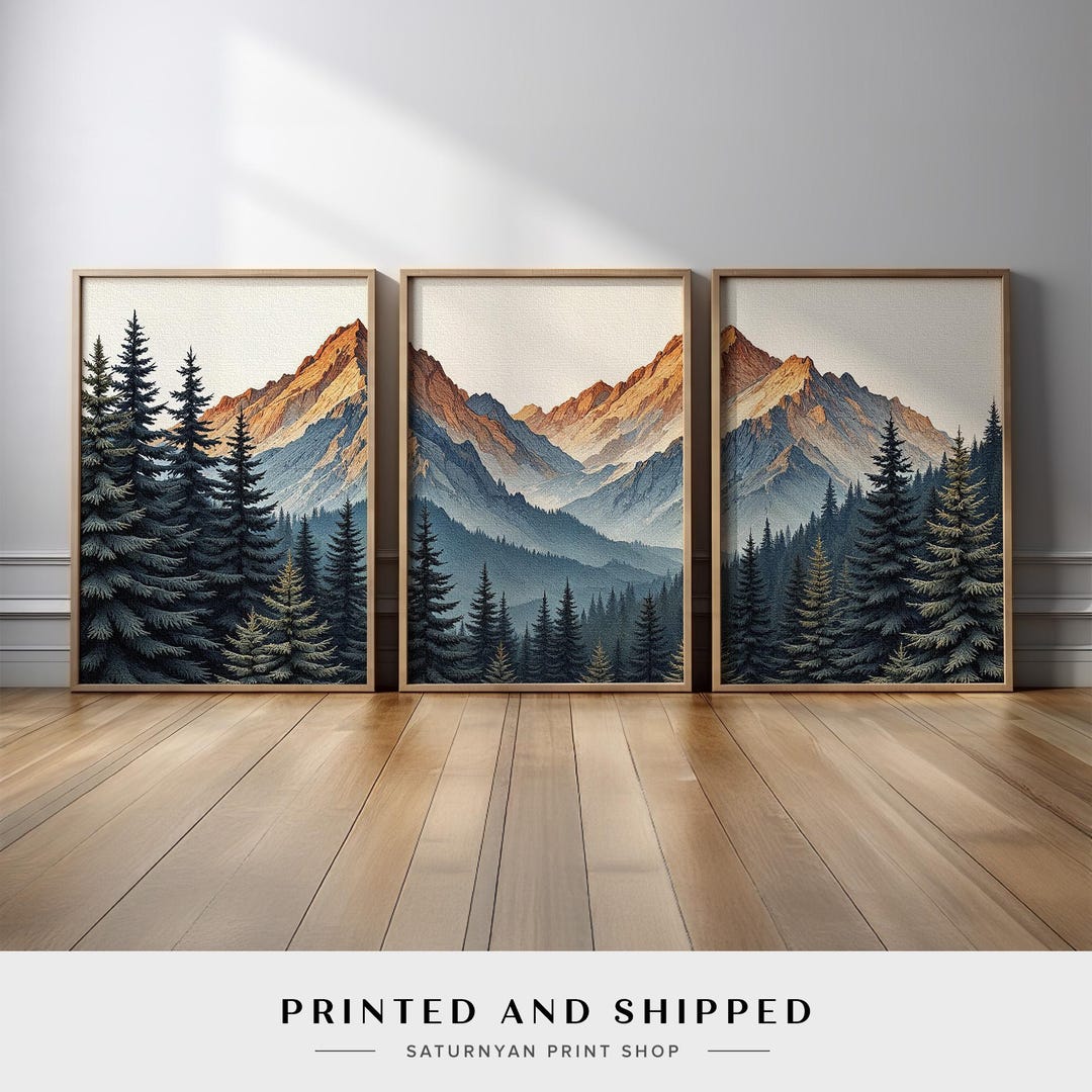 Rustic Mountain Wall Decor Set | Nature Landscape With Pine Trees for ...