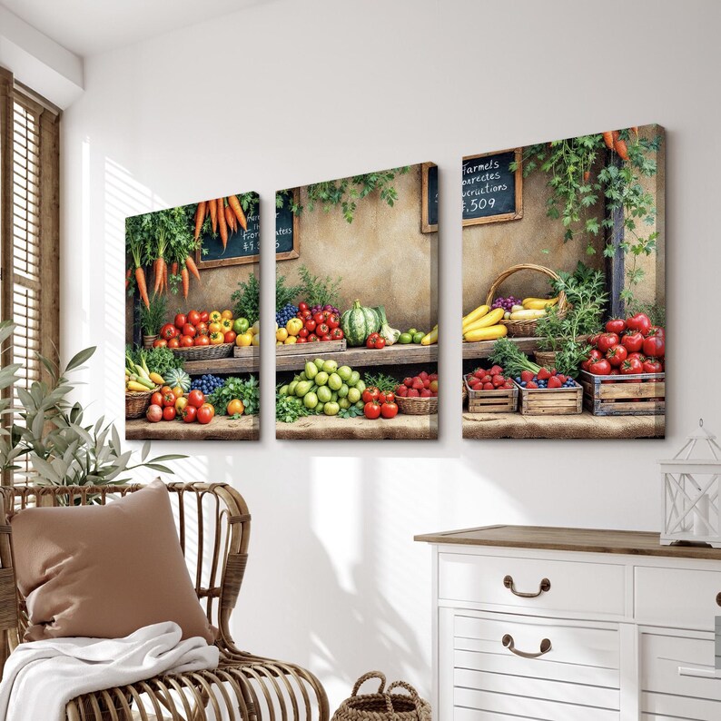 rustic vegetable kitchen prints | 3-piece wall art |... Rustic Market Wall Art Triptych | Colorful Fruit and Veggie Stand ...