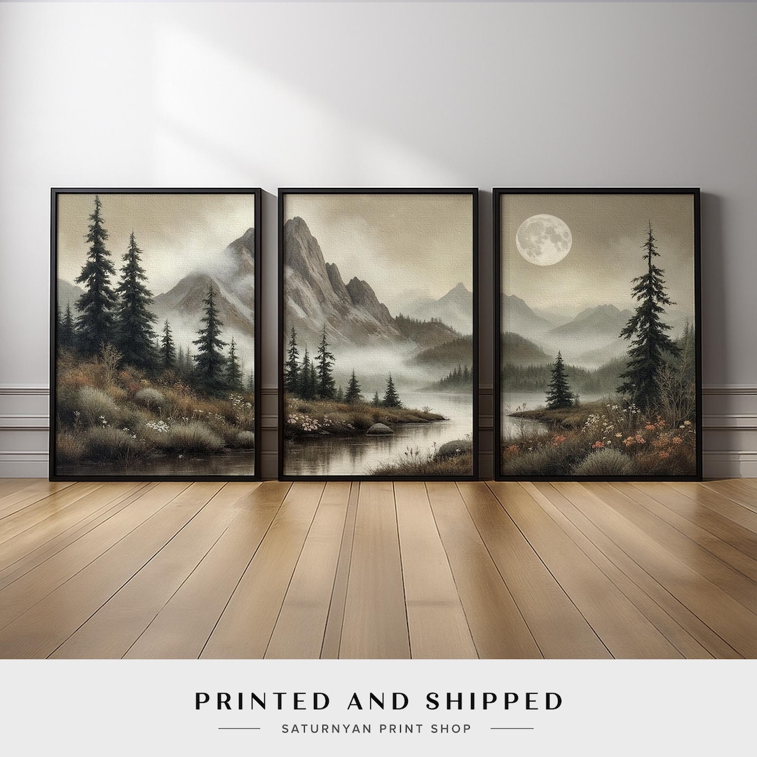Mountain Misty Forest Neutral Landscape Wall Art Set of 3 | River Pines ...