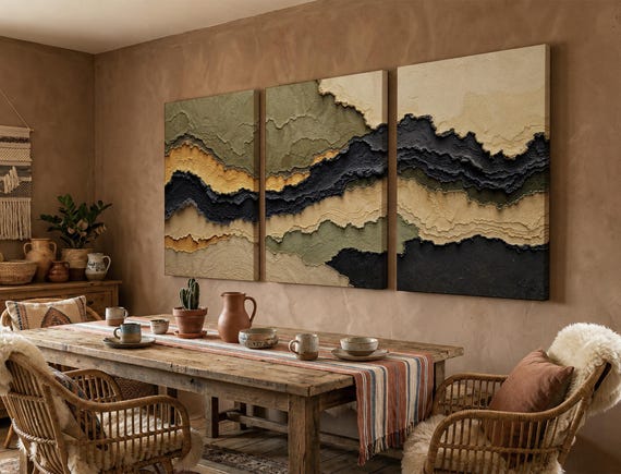 Set of 3 Olive Green, Mustard, and Charcoal Abstract Wall Art