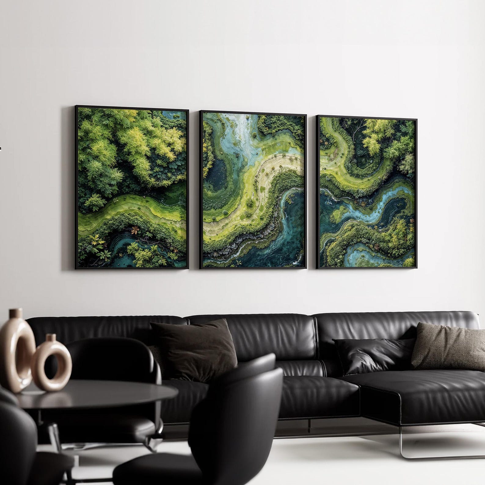 Aerial River Landscape Wall Art Set of 3 | Lush Green Forest Triptych ...