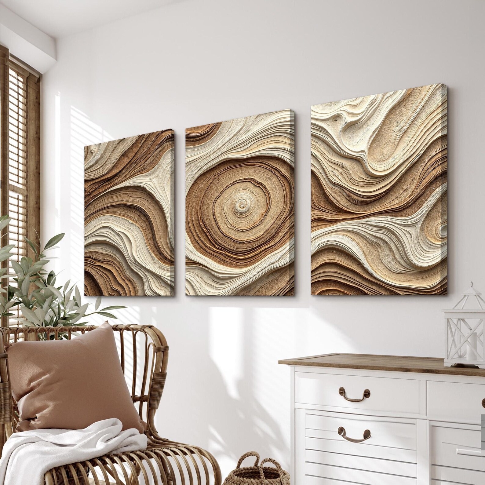 Earth Tone Abstract Wall Art Triptych | Beige and Brown Canvas Prints