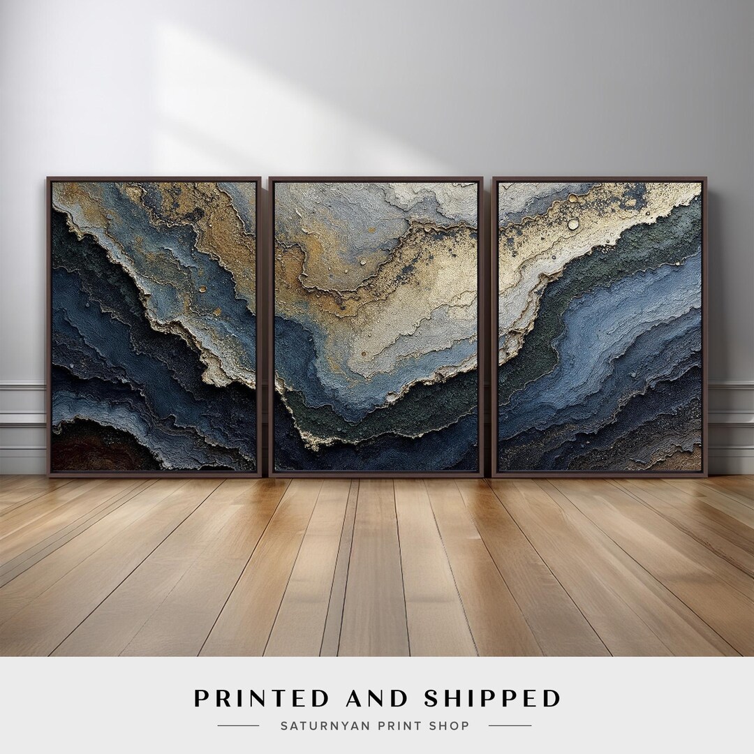 Blue and Gold Abstract Wall Art Set of 3 | Ocean Wave Inspired Triptych ...