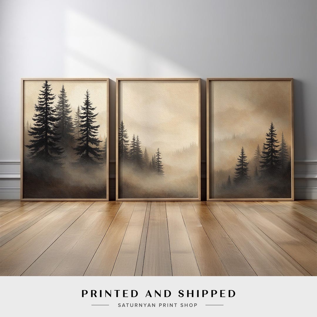 Neutral Landscape Wall Art Set of 3 | Misty Forest Triptych Canvas ...