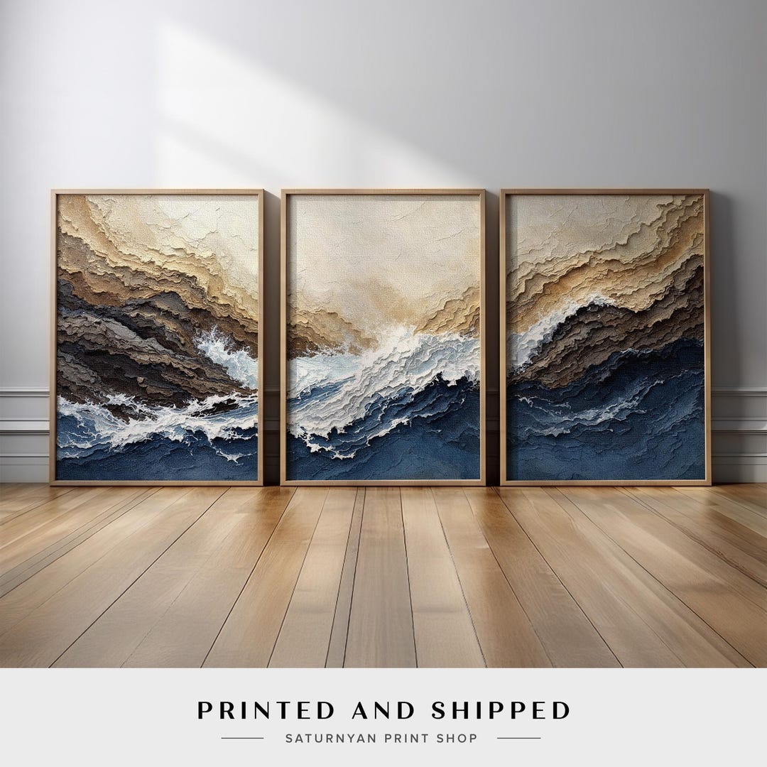 Abstract Ocean Wave Wall Art Set of 3 | Neutral Beige and Navy Coastal ...