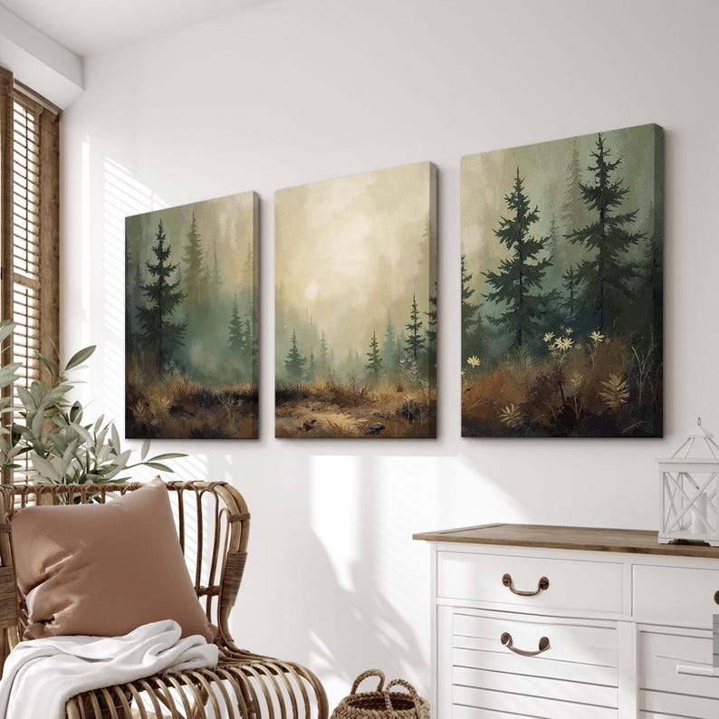 Misty Forest Wall Art Triptych | Serene Pine Tree Canvas Prints With ...