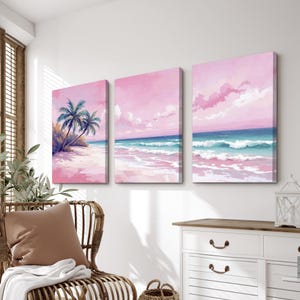 Pastel Pink Beach Triptych Wall Art | Coastal Ocean Print Set With Palm ...
