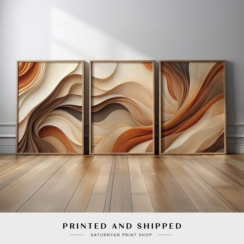 Set of 3 Abstract Canvas Prints | Flowing Warm Neutrals in Beige ...