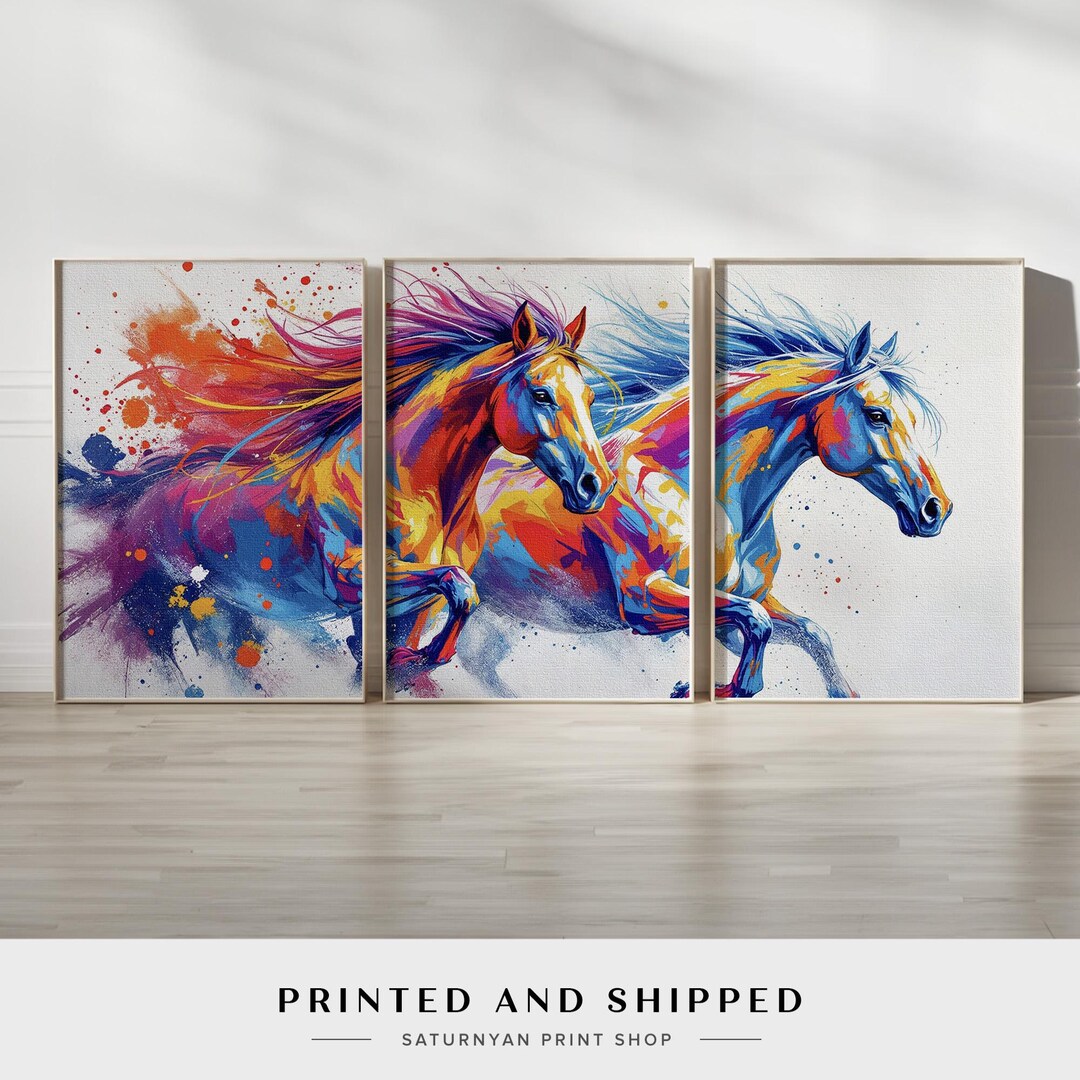 Colorful Horse Wall Art Set of 3 | Vibrant Abstract Equestrian Canvas ...