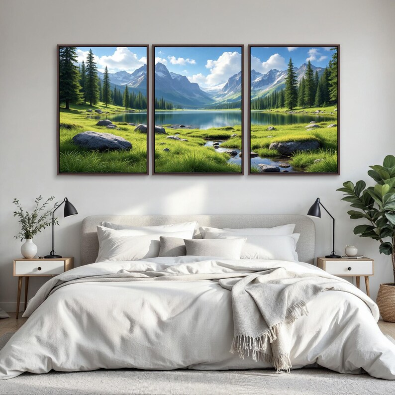Mountain Nature Landscape Lake Wall Art Set of 3 | Alpine Forest River ...