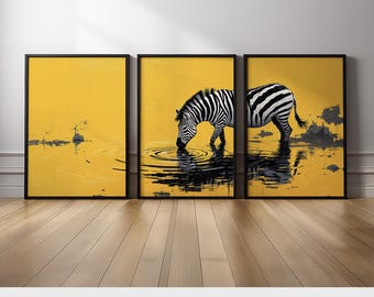 Zebra Wall Art Set of 3 | Bold Black and White Animal Canvas Prints with Mustard Yellow Background for Modern or Eclectic Home Decor