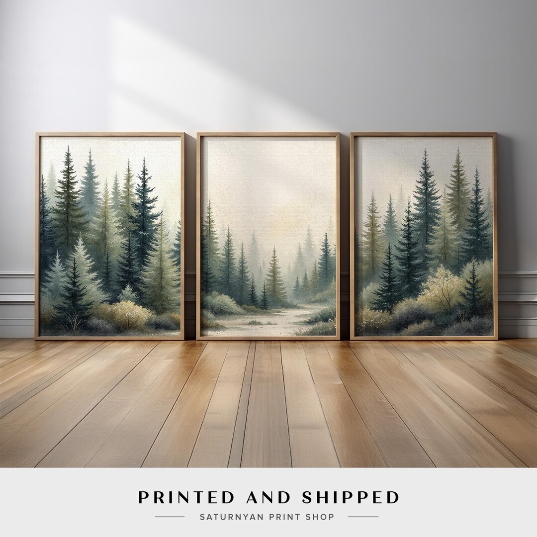 Forest Wall Art Set of 3 | Misty Pine Tree Landscape Triptych | Neutral ...