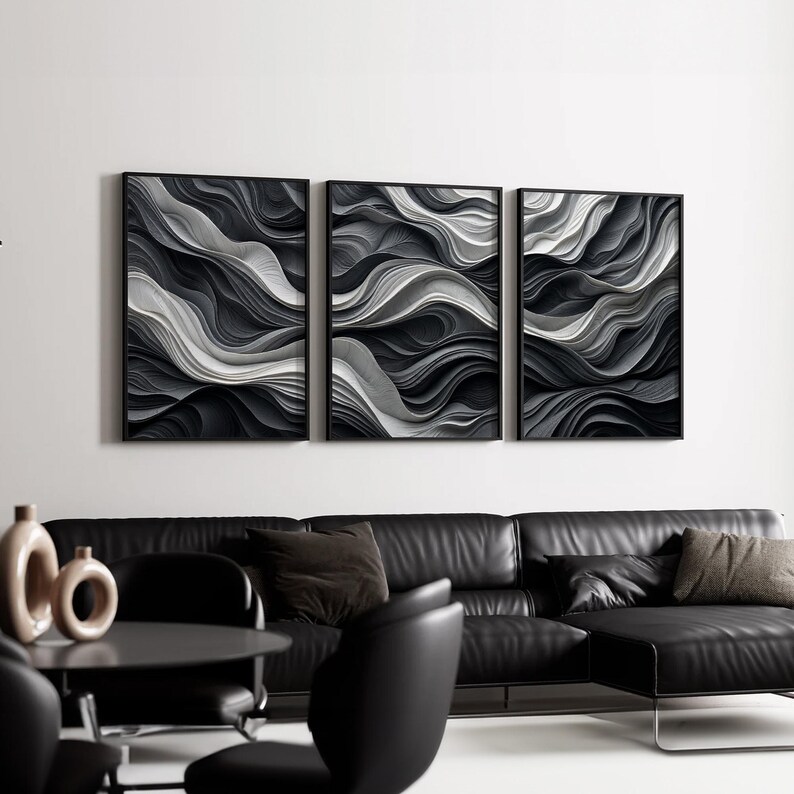 Black and White Abstract Wall Art Set of 3 | Modern Monochrome Flowing ...
