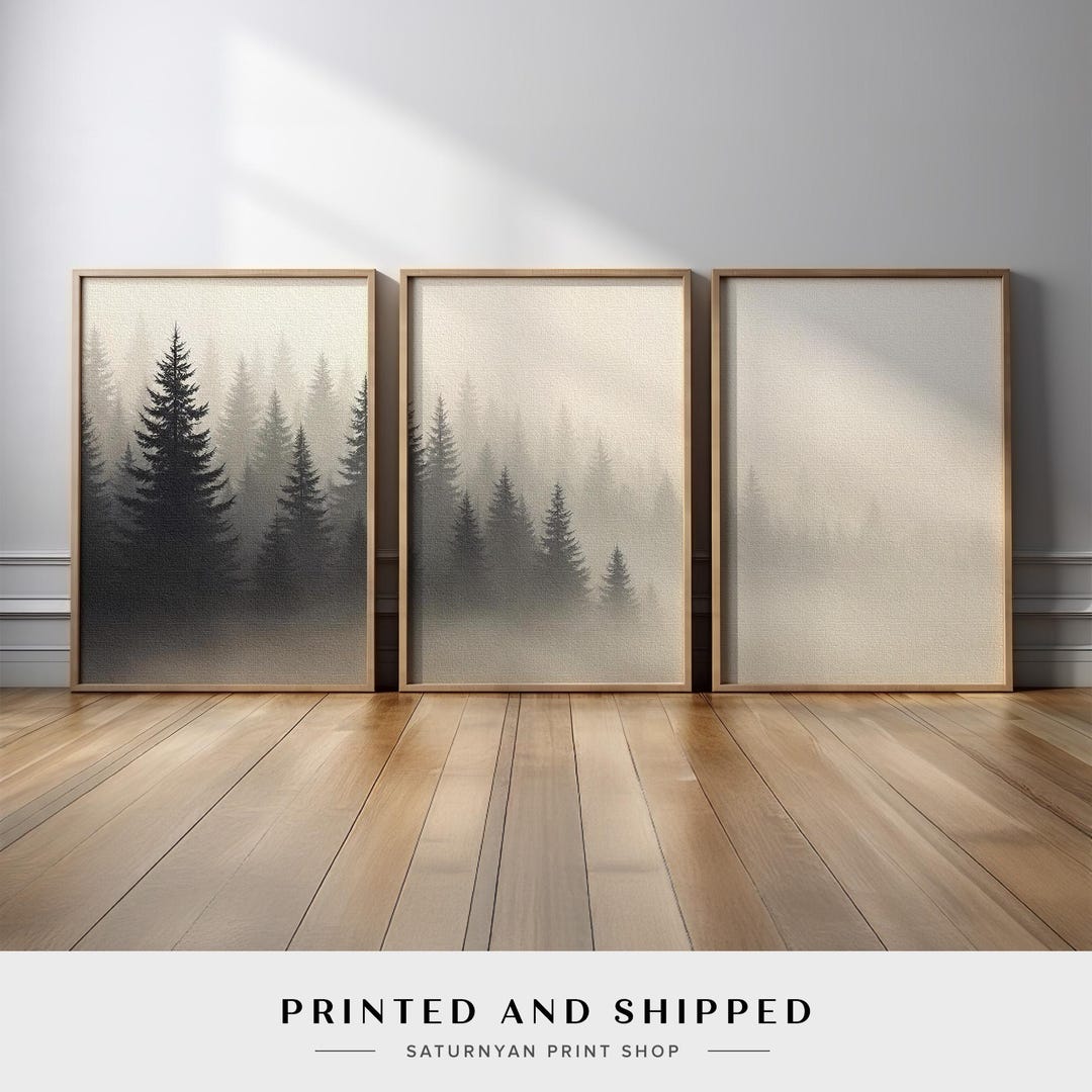 Scandinavian Fog Forest Canvas Set of 3 | Neutral Minimalist Pine Tree ...
