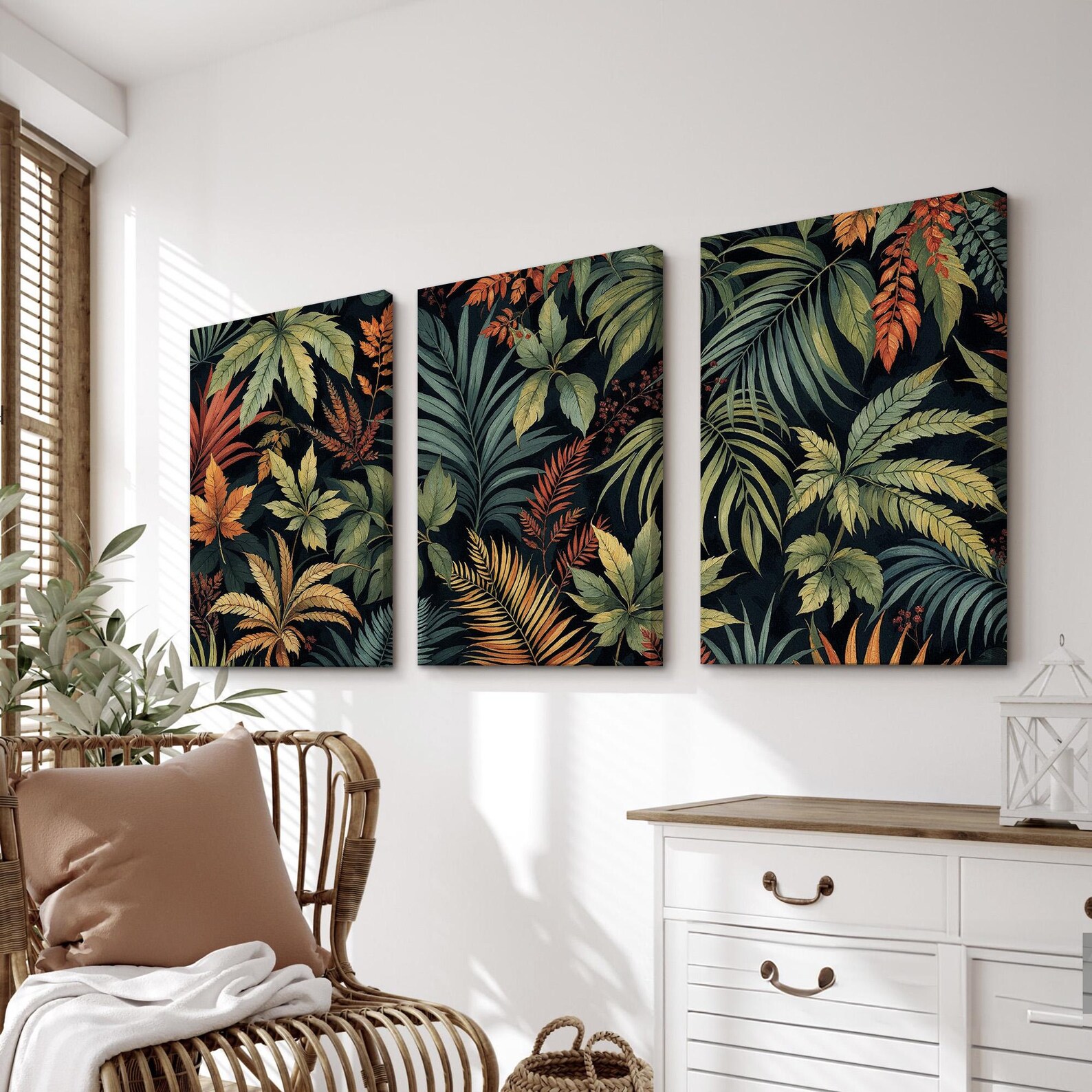 Tropical Botanical Wall Art Set of 3 | Jungle Leaf Triptych in Green ...
