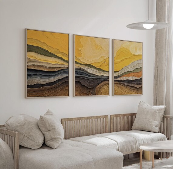 Golden Yellow Abstract Wall Art Set of 3 | Earth Brown Tone
