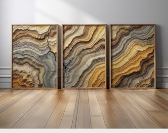 Neutral Abstract Wall Art Set of 3 | Contemporary Geode Inspired Triptych Canvas Prints in Earth Tones for Modern Home and Office Decor