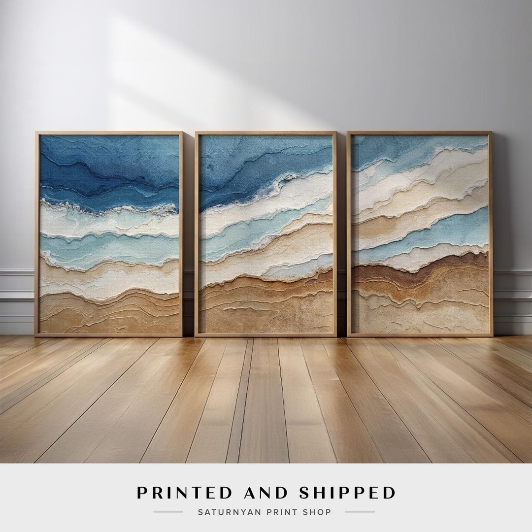 Abstract Coastal Wall Art Set of 3 | Blue and Beige Ocean Wave Layered ...