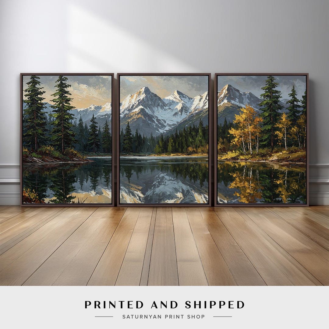 Mountain Lake Wall Art Set of 3 | Nature Forest and Snowy Peak Canvas ...