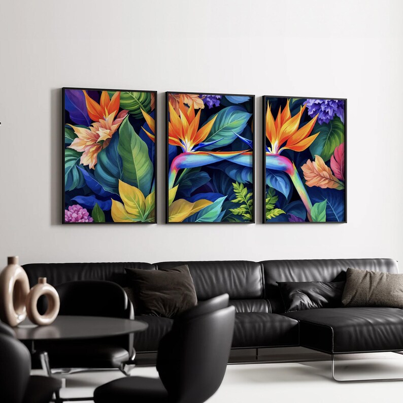 Bird of Paradise Tropical Triptych Wall Art Set | Vibrant Jungle Flower ...