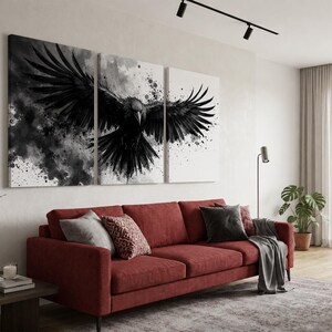 Raven Wall Art Set of 3 | Black and White Ink Splash Canvas Prints with Crow Wings Spread | Gothic Abstract Triptych for Modern Decor image 13