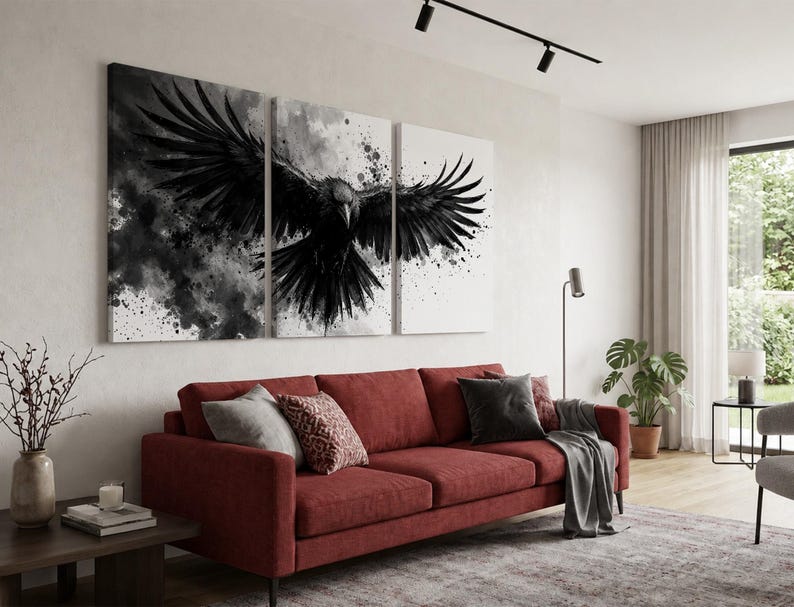 Raven Wall Art Set of 3 | Black and White Ink Splash Canvas Prints with Crow Wings Spread | Gothic Abstract Triptych for Modern Decor image 13