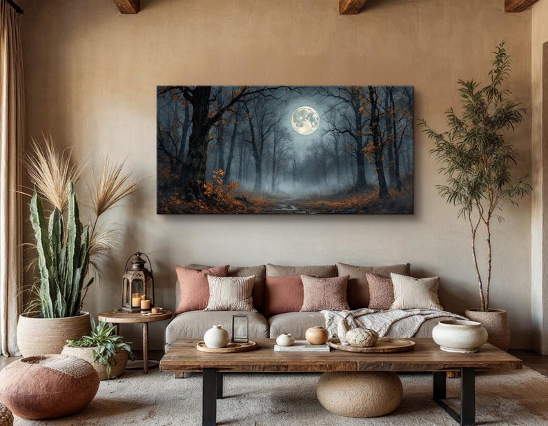 May include: A canvas print of a misty forest scene with a full moon hanging in the sky. The trees are silhouetted against the moon and the fog.