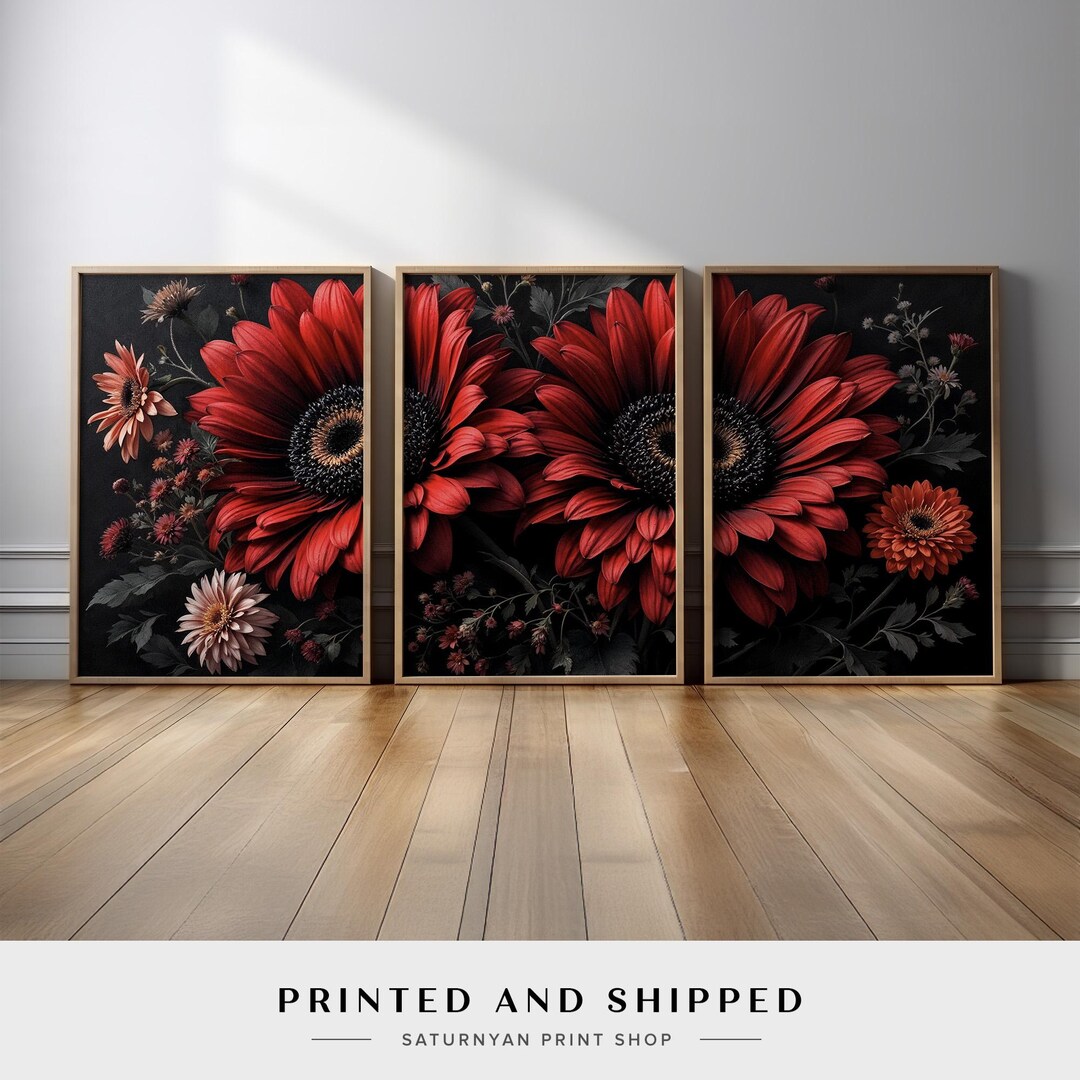 Elegant Red Gerbera Daisy Wall Art Triptych | Bold Botanical Floral Art ...