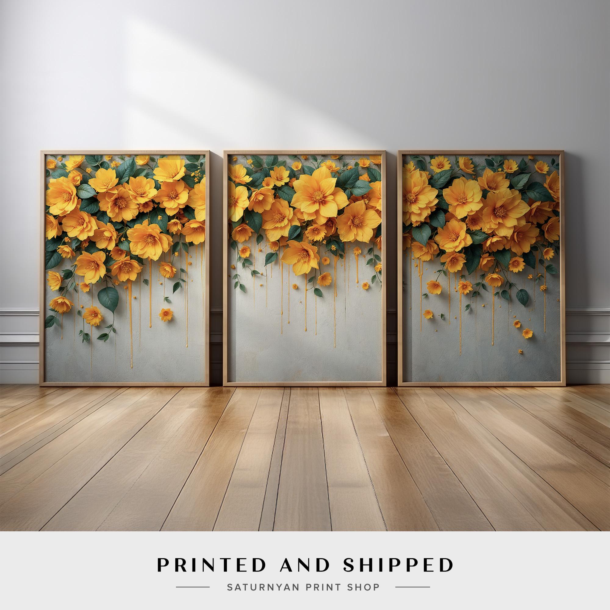 Yellow Floral Wall Art | Set of 3 Cascading Bloom Canvas Prints ...