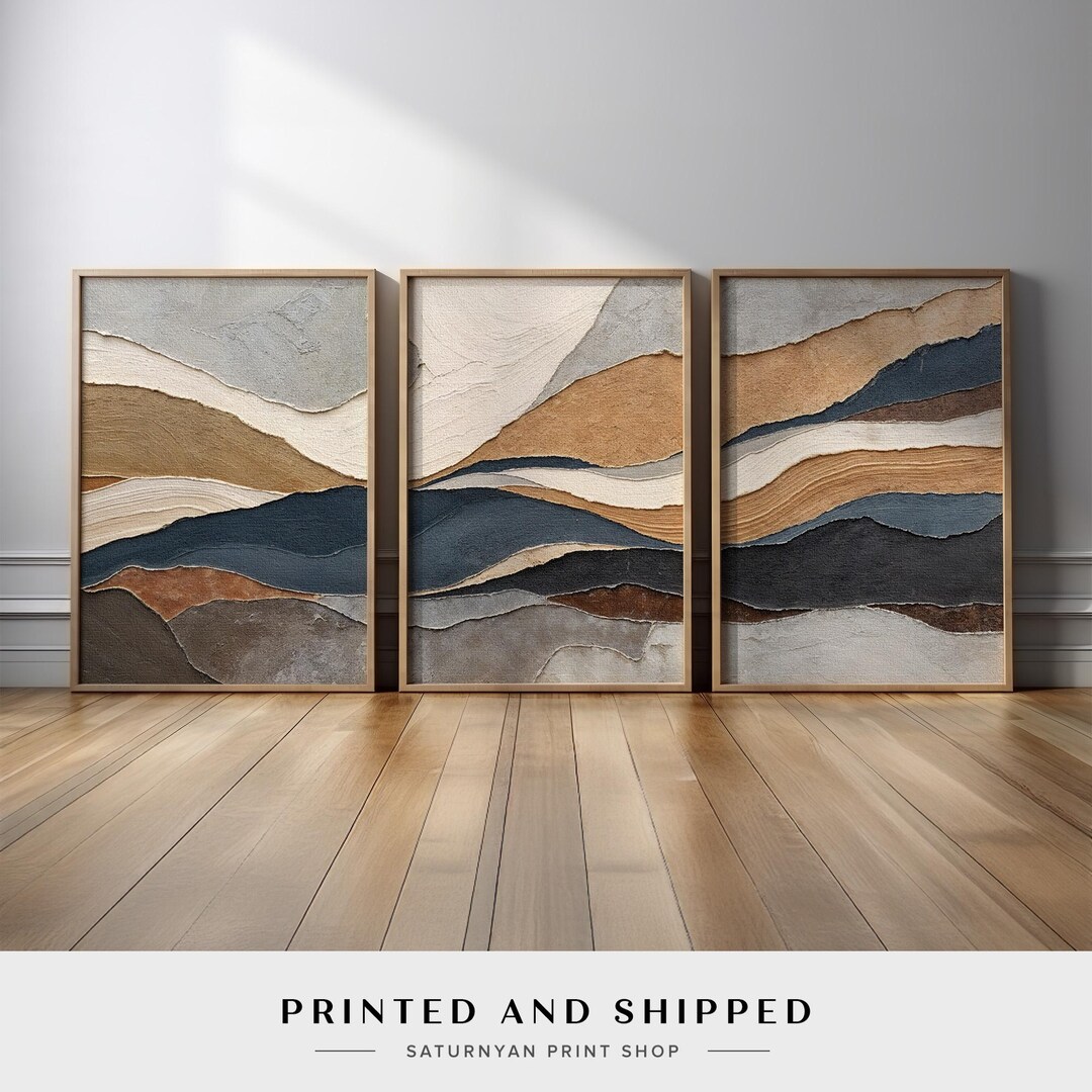 Neutral Abstract Wall Art Set of 3 | Earth Wave Pattern Canvas Prints ...