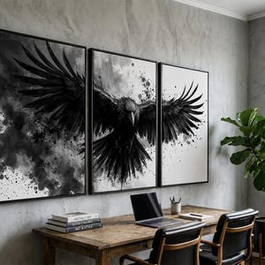 Raven Wall Art Set of 3 | Black and White Ink Splash Canvas Prints with Crow Wings Spread | Gothic Abstract Triptych for Modern Decor image 1