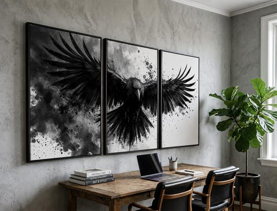Raven Wall Art Set of 3 | Black and White Ink Splash Canvas Prints with Crow Wings Spread | Gothic Abstract Triptych for Modern Decor