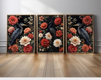 Lush Floral and Bird Wall Art Set | Elegant Herons, Peacock, and Blooming Flowers Canvas Prints | Vibrant Colors Decor for Modern Home